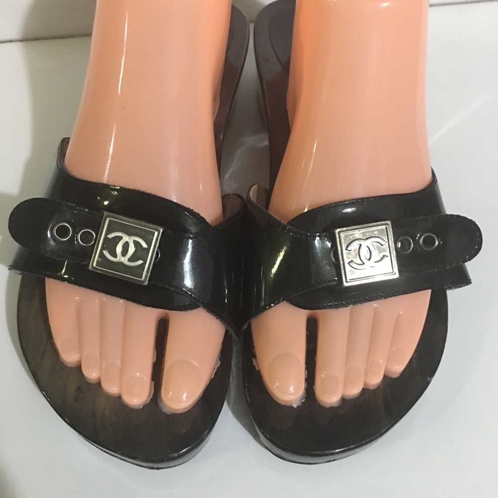 Chanel Black Patent Leather Wooden Sandals
